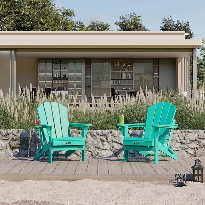 Ciokea Folding Adirondack Chair 4 Pack, Patio Adirondack Chair Weather Resistant, Plastic Fire Pit Chair with Cup Holder, Lawn Chair for Outdoor Porch Garden Backyard Deck (Lake Blue)