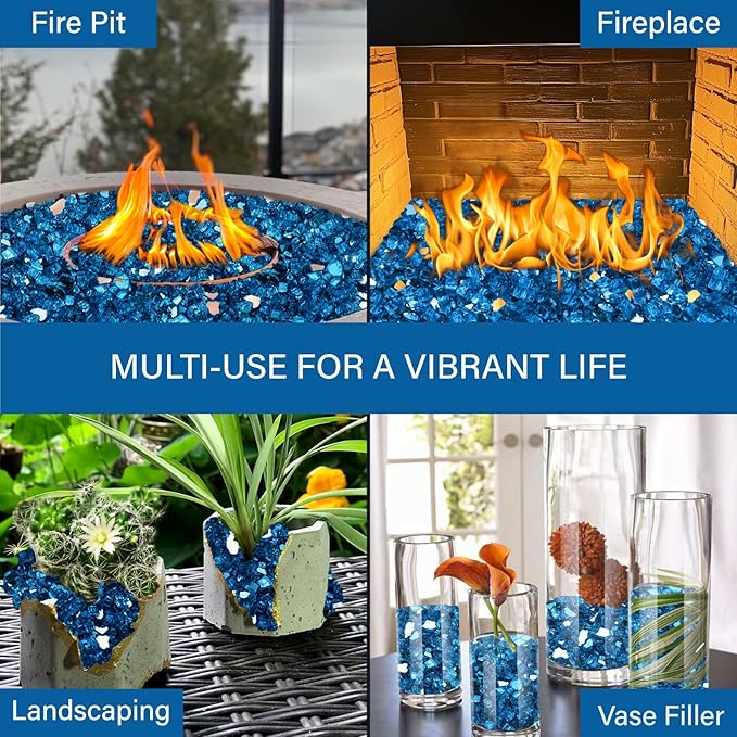NUPICK 5 Pound Fire Glass, 1/2 Inch Reflective Fire Pit Glass, Tempered Firepit Glass Rock for Propane or Natural Gas, Glass Rocks for Fire Pit Table or Fireplace, Pacific Blue Reflective