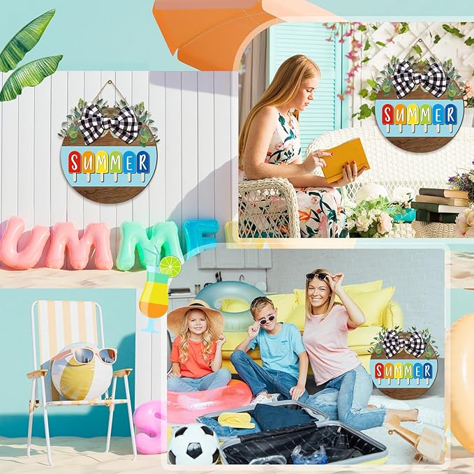Boao 12 x 12 Inch Hello Summer Door Sign Ice Cream Welcome Summer Wreath Decor Beach Hanging Door Hanger Farmhouse Decorations for Wall Front Porch Decor(Ice Lolly)