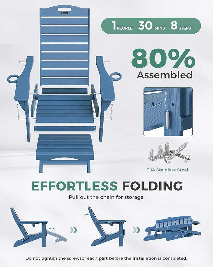 Folding Adirondack Chairs Set of 6,Adirondack Chair with Retractable Ottoman,Plastic Adirondack Chairs with 2 Cup Holder,Weather Resistant Patio Chair,Outdoor Chairs Set of 6(Navy Blue)