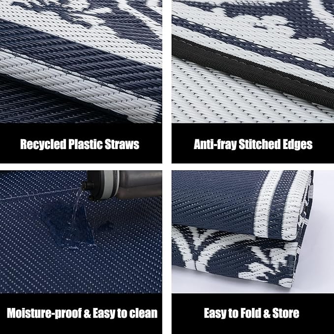 HUGEAR RV Outdoor Rug Waterproof Mat 9'x12' Camping Carpet Blue Outside Area Rugs Reversible Rugs for Deck Entryance Porch Picnic Balcony Beach