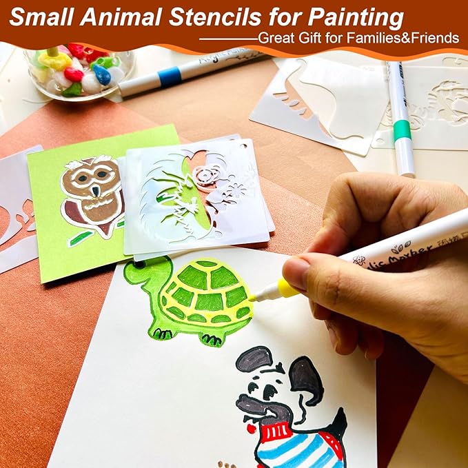 Animal Stencils for Painting on Wood, 64pcs 3 Inch Stencils for Crafts Reusable, Small Plastic Rock Templates for Painting on Wood Wall Canvas, Card Making & Home Decor