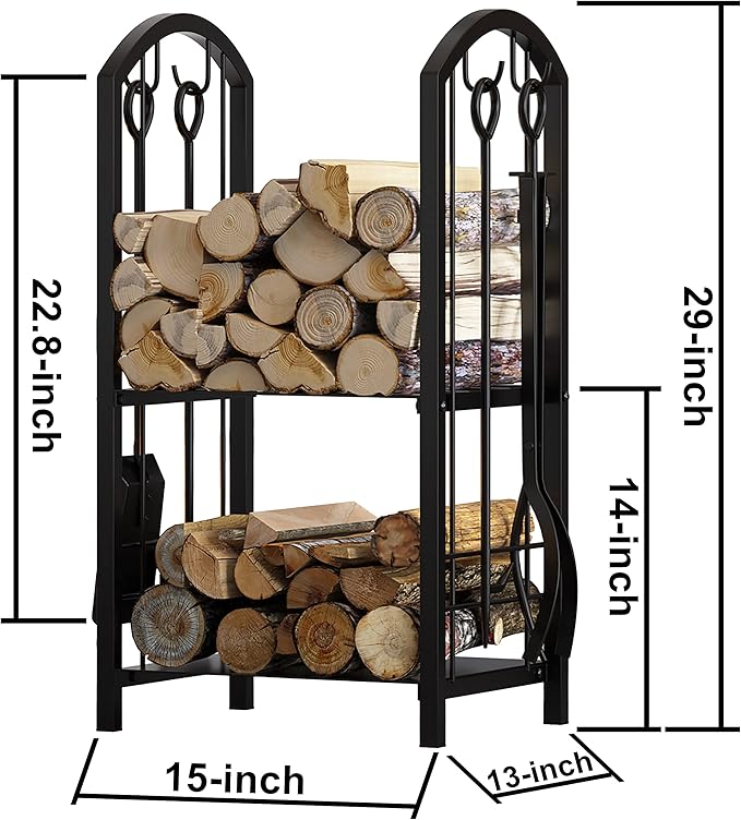 Fire Beauty Fireplace Firewood Log Rack 5-Piece Storage Logs Holder with Tools Set with 4 Tools Set Fireside Holders Wood Lumber Storage Stacking Black