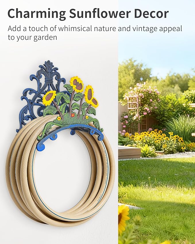 Cast Iron Garden Hose Holder Wall Mount, Rustic Heavy Duty Water Hose Hanger, Decorative Vintage Hose Reel Organizer for Outside Garden Yard Patio, Painted Sunflower Design