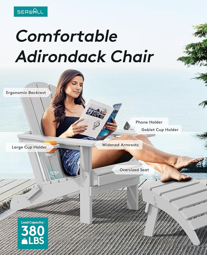 SERWALL Adirondack Chair with Cup Holders - Composite Adirondack Chairs Set of 2 HDPE Outdoor Chairs All Weather Use- Silver Gray
