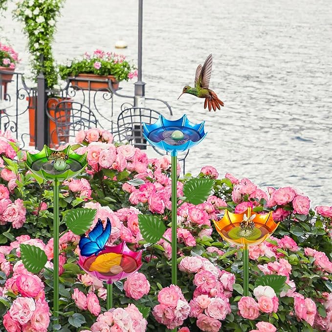 Bee Watering Station | 2 Pack Butterfly Feeder for Outside | Metal Decorative Garden Stakes | Bee Baths for Garden Yard Decor Umbrella Design (Blue,Yellow)