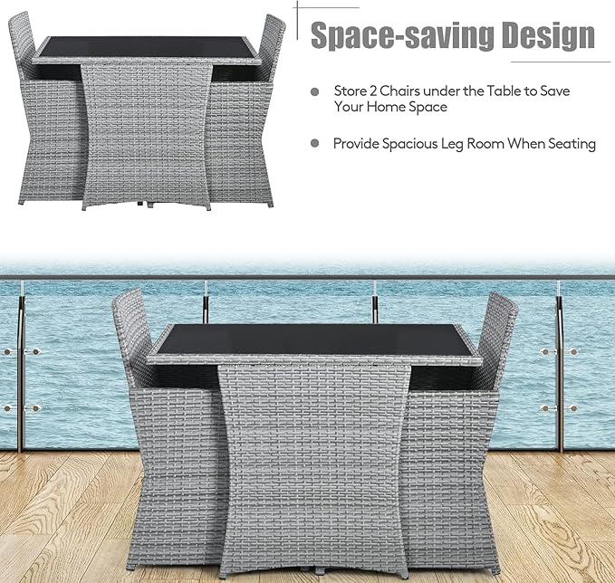 Tangkula 3 Pieces Patio Dining Set, Patiojoy Space-saving PE Rattan Bistro Set with Tempered Glass Top Table and Cushioned Chairs, Outdoor Conversation Set for Garden, Backyard, Poolside, Porch (Gray)