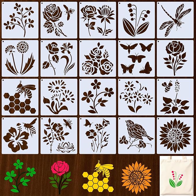Flower Stencils for Painting on Wood, Wall, Fabric, Paper – 20 Pcs PET Farm Garden Drawing Templates with Butterfly, Dragonfly, Sunflower, Rose Designs, 5x5 Inch Reusable Stencils