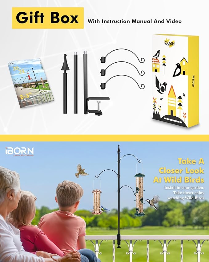 iBorn Shepherds Hooks for Outdoor Clamp On Deck Hook for Bird Feeder 45 Inch Heights Feeder Hangers for Deck Railing Hummingbird Feeders Hanging Tri-Hooks 2024 New (Feeders are Not Included)