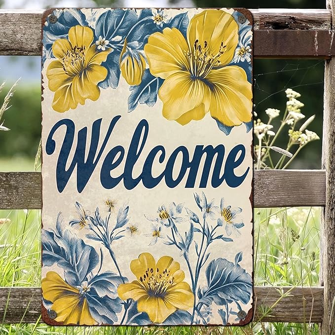 Flowers Vintage Tin Sig Welcome Metal Tin Sign Retro Sign for Home Bar Office Outdoor Wall Decor 8x12inch
