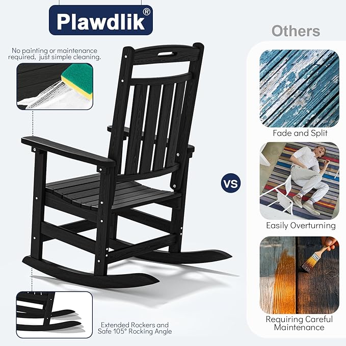 Plawdlik Oversized Rocking Chair,HDPE All-Weather Outdoor Rocking Chair,Patio Rocking Chairs for Porch.Black