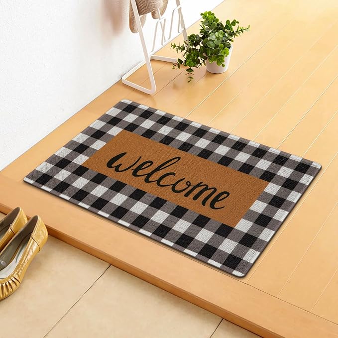 UINI Welcome Mat Outdoor Indoor Door Mats, Heavy Duty Buffalo Plaid Welcome Front Door Mat, Non Slip Durable Entrance Rugs for Outside Entry, Porch, Resist Dirt, 17"x 30"