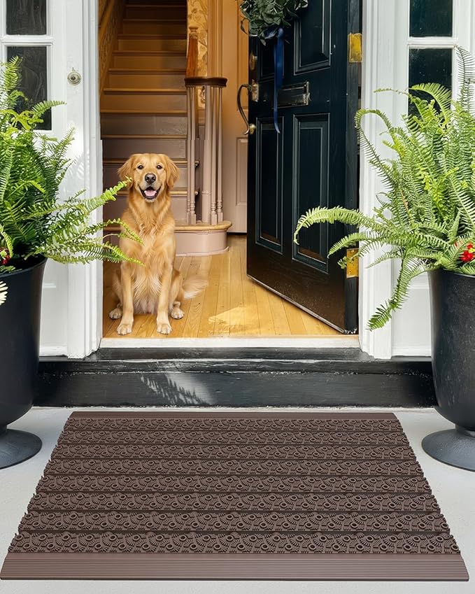 Color&Geometry Outdoor Mats for Front Door All Weather, 19"x30" Non Slip Low Pile Outside Door Mats, Dirt Trapping Waterproof Doormat Entrance, Brown Welcome Matt