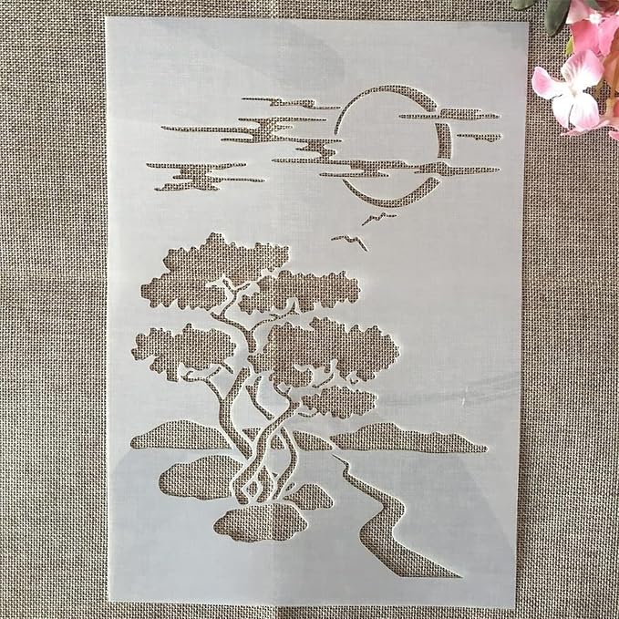 TIAMECH A4 Reusable Night Scene Stencil for Painting - Moon Road Tree Mountain Layering Template, DIY Wall Art, Wood Furniture, Scrapbook & Crafts (8.3x11.7inch)
