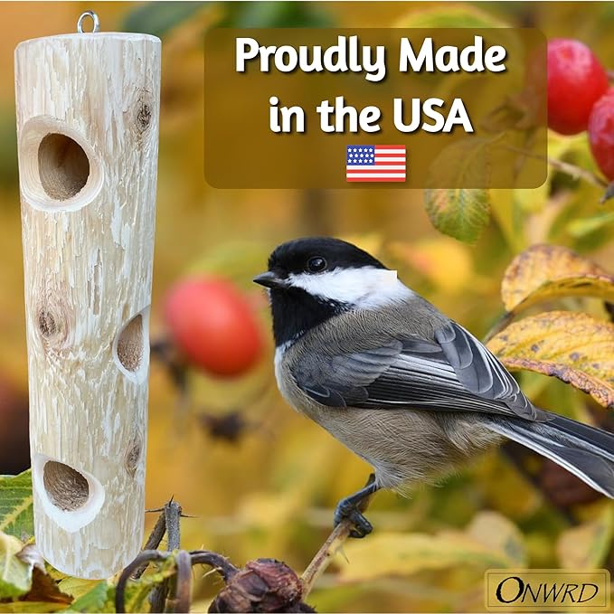 Natural Wood Log Feeder for Woodpeckers - 16 inch Outdoor Hanging Suet Feeder, Works with Suet Plugs, Balls and Cakes - Made In USA