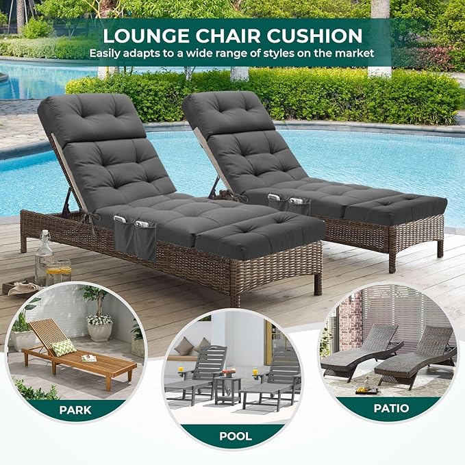 Outdoor Chaise Lounge Chair Cushion Waterproof 74.4 x 22 x 4.7 Inches Lounge Chair Cushions Replacement for Outdoor Furniture with Ties and Pocket, Thickened Pool Lounge Chair Cushions, Grey
