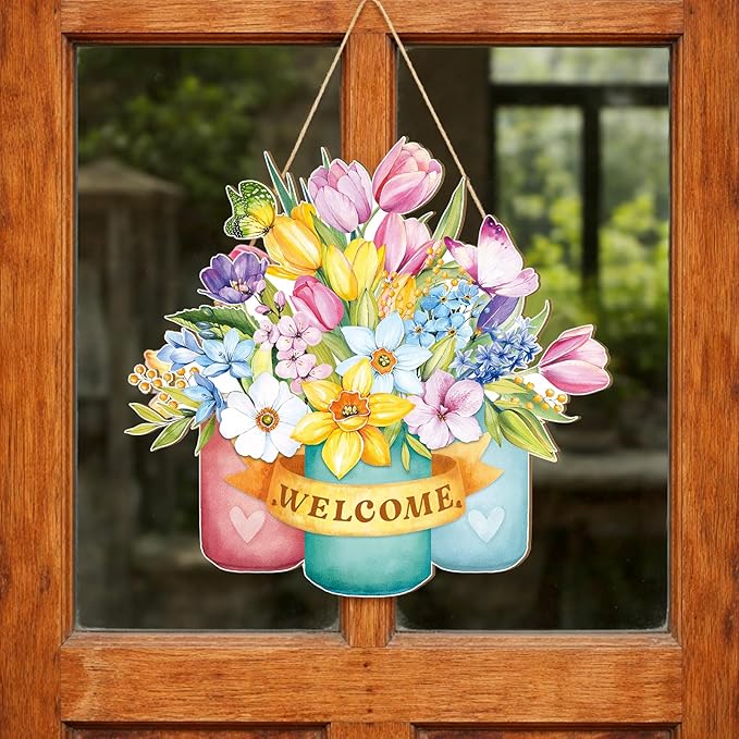Juexica Spring Door Decor Flower Welcome Sign Spring Wall Hanger for Front Door Decorations Rustic Flower Wall Pediments for Party Outdoor Indoor Decor