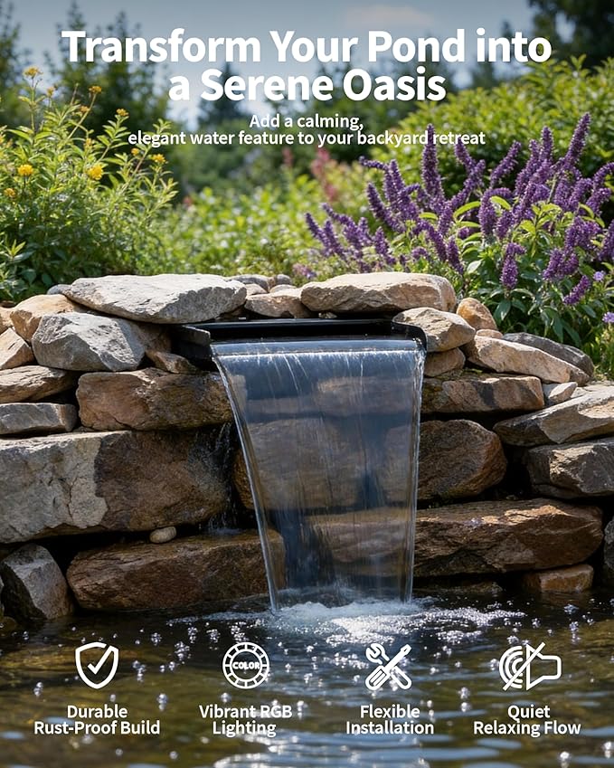 POPOSOAP 8inch Pond Waterfall Spillway with RGB LED Lights & 660GPH Pump Kit - APP/Remote Control, 304 Stainless Steel Pond Spillway with 9.8FT Tubing for Garden Ponds Landscape Water Features-P42DY