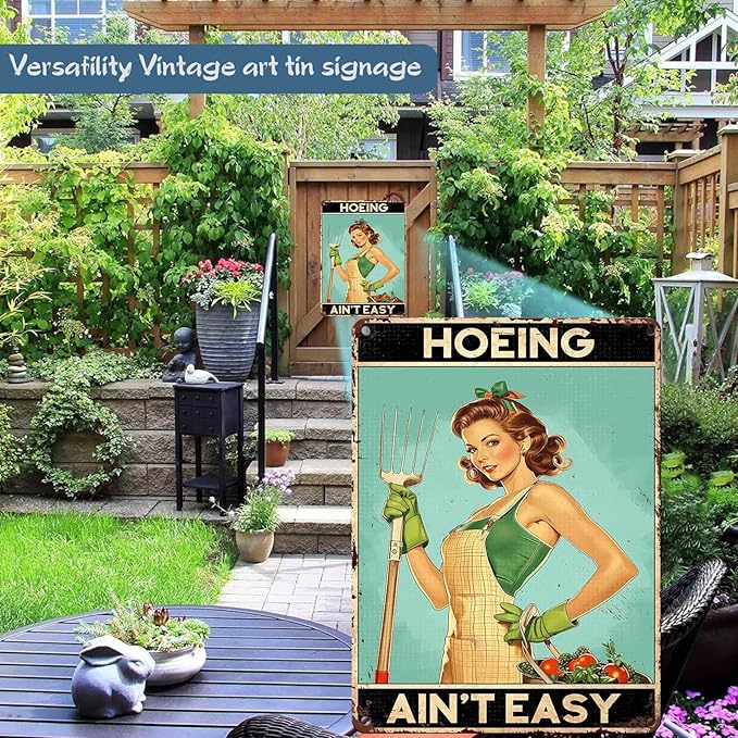Garden Sign Hoeing Ain't Easy Gardening Retro Metal Sign for Home Living Bedroom Room Kitchen 12 x 16 Inch