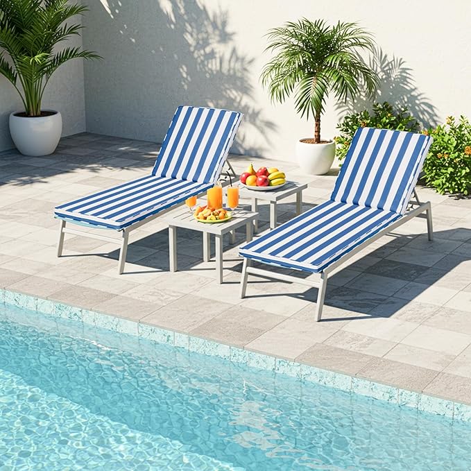 Chaise Lounge Cushions Outdoor Set of 2, 71"x22"x3" Patio Lounge Chair Furniture Cushions with Washable Covers for Pool, Patio, Lawn (Sky Blue White Stripes, 2 Pcs)
