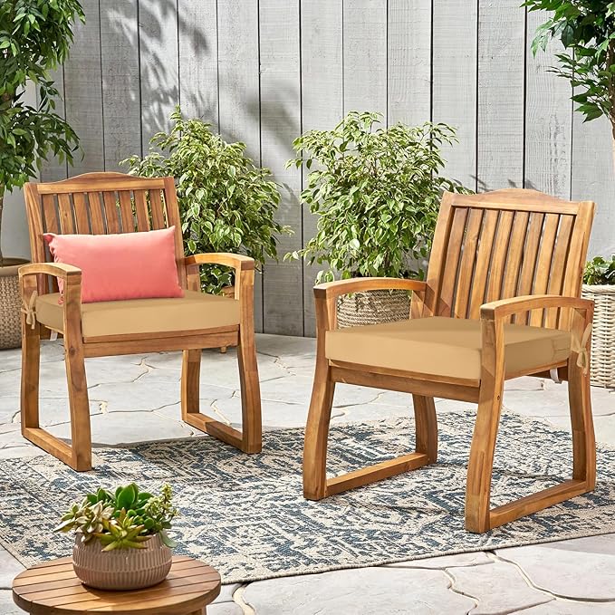 Waterproof Outdoor Chair Cushions Set of 2, Square Outdoor Seat Cushions with Ties and Removable Covers, 19 x 19 Outdoor Cushions for Patio Furniture with Portable Handle(Khaki)