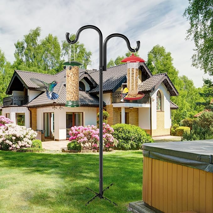 Double Shepherds Hooks for Outdoor,92" Heavy Duty Bird Feeder Pole with 5 Prong Base, Adjustable Shepherds Hook for Bird feeders Outside, Garden, Weddings, Hanging Plants, 1 Pack, Black