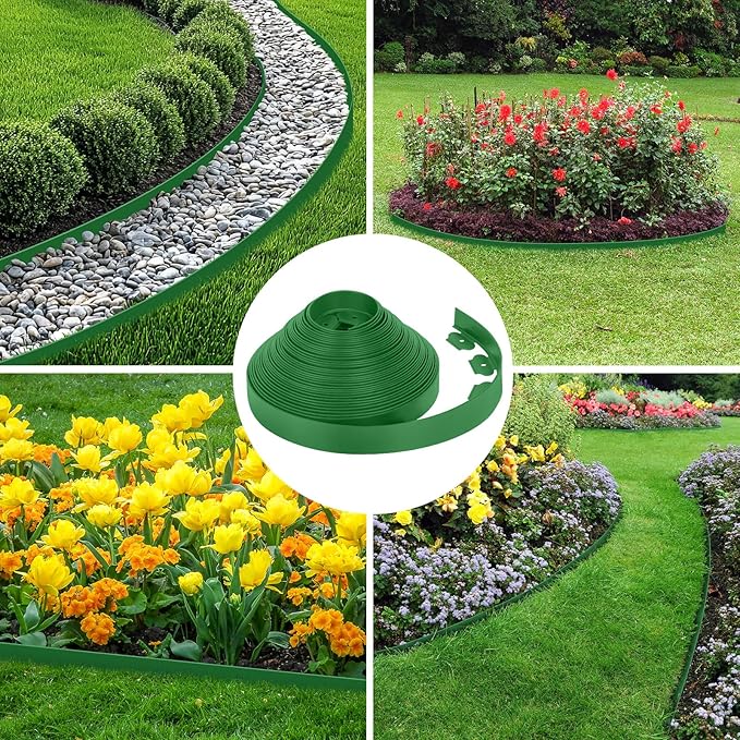 2-Inch x 200 FT Landscape Edging Border with 300 Stakes, Plastic Garden Edging Border Kit, Flexible No Dig Lawn Edging Border for Garden Flower Beds Yard Pathway Paver (Green)