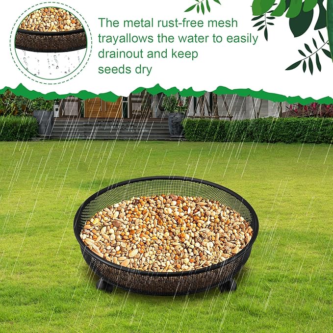 Nuogo 4 Pcs Platform Bird Feeder 7 Inches Ground Bird Feeder Tray for Outside Metal Squirrel Feeders Rust Resistant Mesh Seed Tray Garden Yard Decoration for Outdoor Wild Dove(Round)