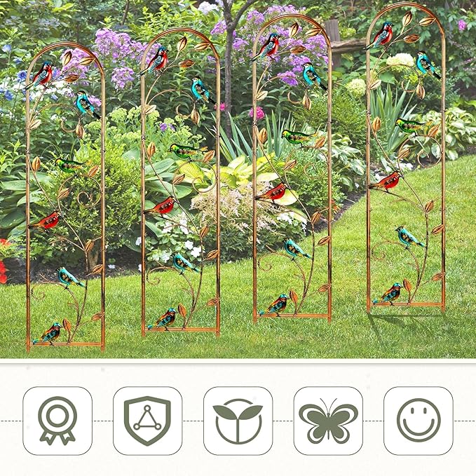 Blulu 4 Pack Metal Garden Trellis for Climbing Plants, 60x11 Detachable Rustproof Arched Fence Flower Vegetable Plant Stand for Outdoor Patio Yard Lawn Decorative(Hummingbird)