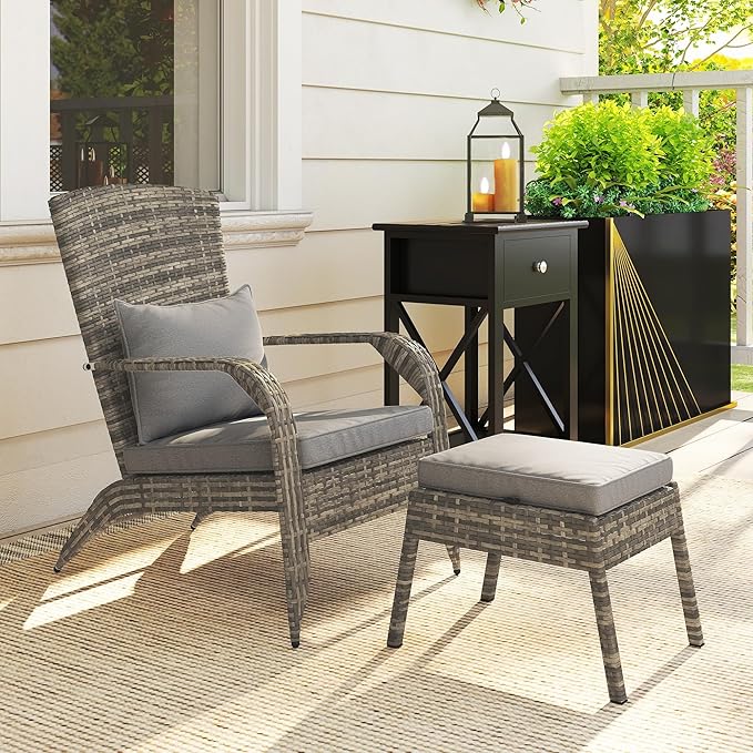 Outsunny Patio Wicker Adirondack Chair with Ottoman, Outdoor Fire Pit Chair with Cushions, High-Back, Large Seat & Armrests for Deck, Garden & Backyard, Gray