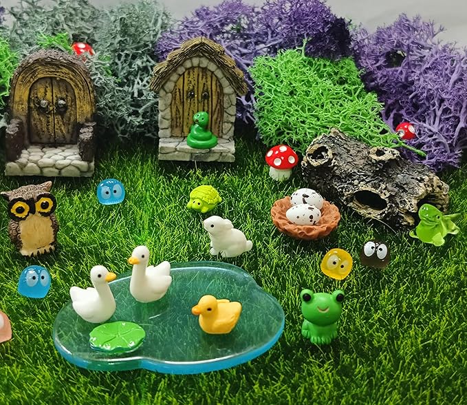 42 Pcs Miniature Fairy Garden Accessories, Fairy Door, Miniature Tree Stumps and Tiny Resin Animal with Moss for DIY Craft, Lawn, Fairy Garden Decor