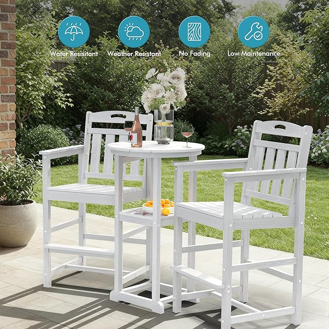 Ciokea Heavy Duty Bar Height Chair, 380lbs Outdoor Adirondack Tall Bar Chair Patio Stool with Arms & High Back, Heavy Duty All-Weather for Balcony, Poolside, Deck and Garden, White