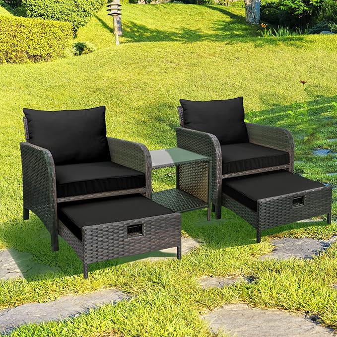 LEVELEVE Balcony Furniture 5 Piece Patio Conversation Set, PE Wicker Rattan Outdoor Lounge Chairs with Soft Cushions 2 Ottoman&Glass Table for Porch, Lawn-Brown Wicker(Black
