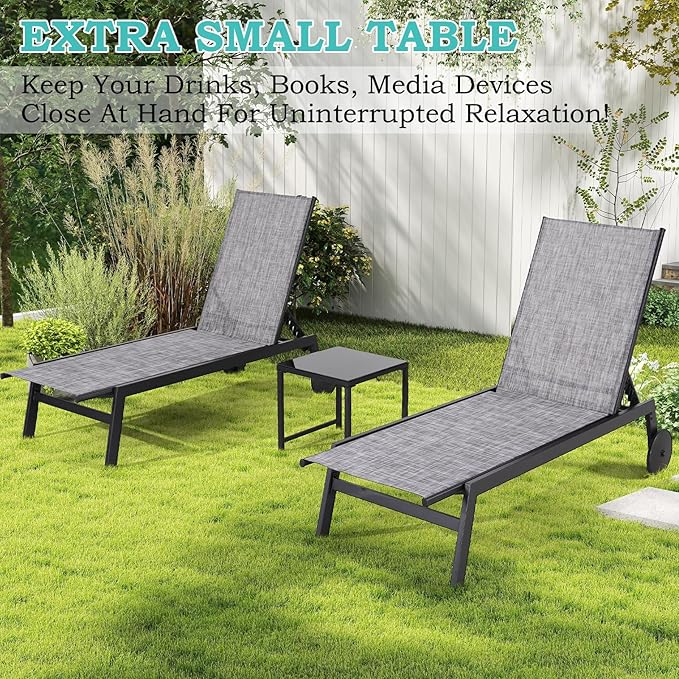 EROMMY Patio Chaise Lounge Chair Set of 2 with Table, Waterproof Outdoor Poolside Recliners with Adjustable Backrest & Wheels