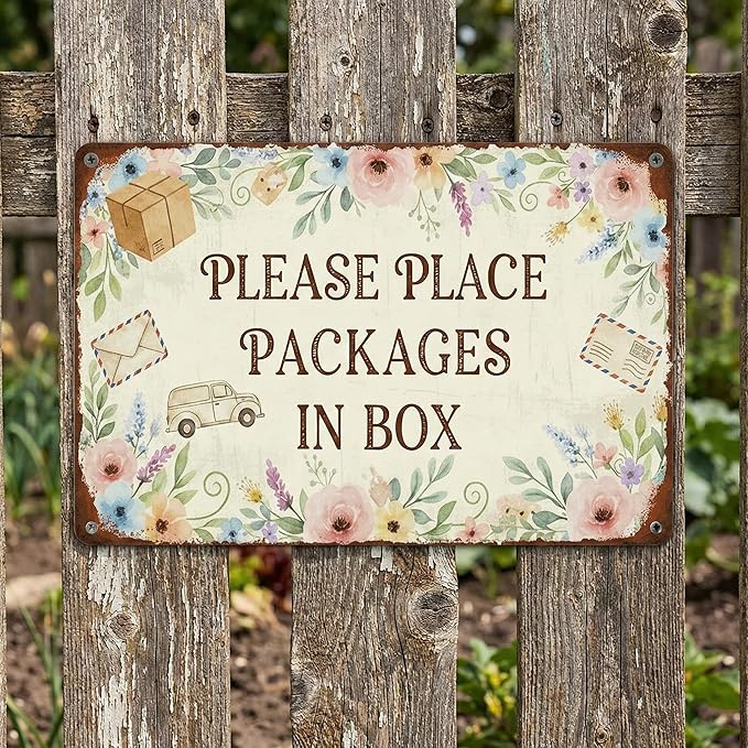 Floral Delivery Tin Sign - "Please Place Packages in Box" - Vintage Watercolor Floral Porch Decor - Universal Instruction Plaque for All Carriers - 8x12 Rust-Free Aluminum - Polite Package Drop Off Metal Sign