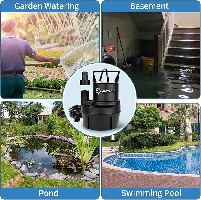 Lanchez Sump Pump, 1250 GPH Submersible Water Pump, 1/4 HP Portable Thermoplastic Low Suction Utility Pump With 25 Ft Cord for Swimming Pool, Basement, Garden Pond, Tubs Draining, Manual