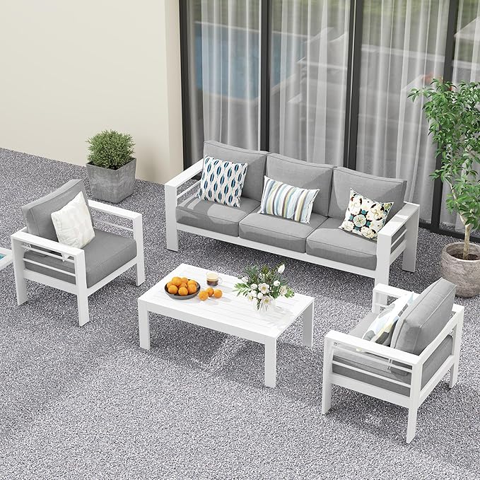 Solaste Aluminum Patio Furniture Set for All Weather, Oversized Metal Outdoor Furniture Set with 27.5" Deep Seat and 3.2" Wide Armrest, Outdoor Patio Conversation Sets with 10" Back Cushion, White