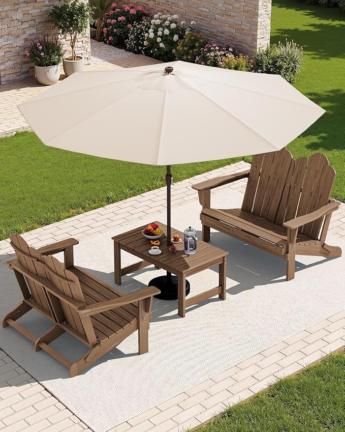 SERWALL 3 Pieces Patio Adirondack Bench Set, 2 Folding Adirondack Bench & 1 Coffee Table with Umbrella Hole Set for Front Porch Garden Balcony Backyard, Brown
