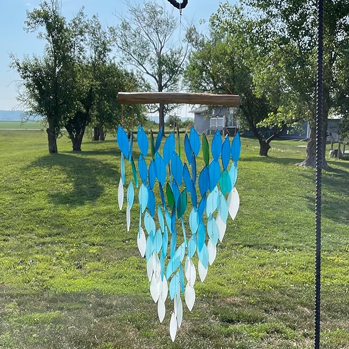 Blue Handworks Deluxe Ocean Ombre Waterfall & Driftwood Chime, Sandblasted Glass and Found Wood Handcrafted Wind Chime