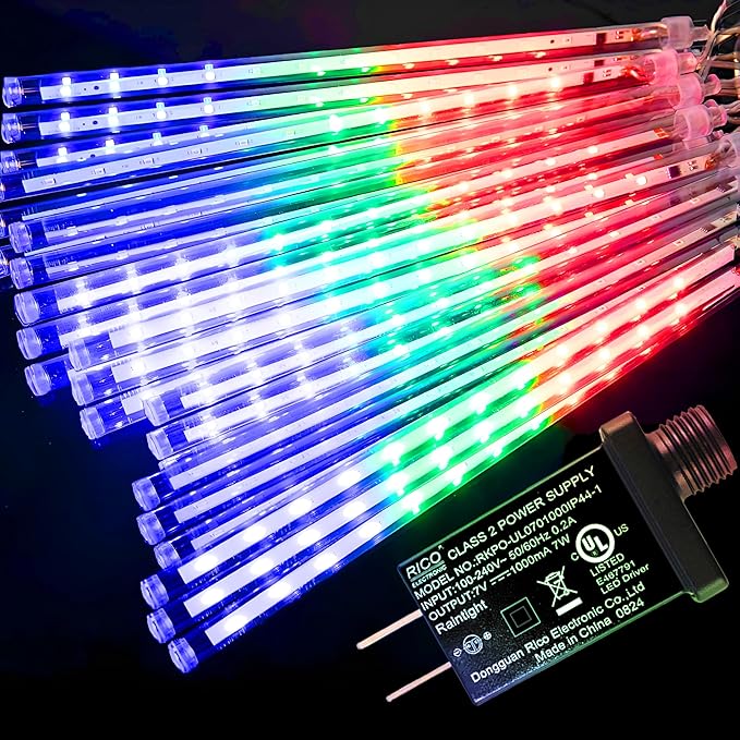 Aukora Meteor Shower Lights UL Certified Outdoor Christmas Lights 12inch 8 Tubes 192 LED Snow Falling Icicle Cascading Light for Xmas Tree Decoration Halloween Wedding Party Holiday Yard, Multicolor