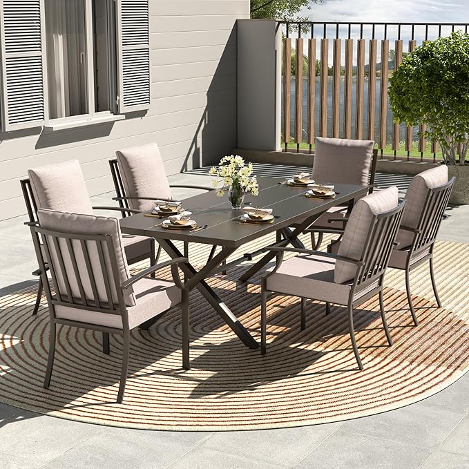 Kullavik 7 PCS Outdoor Dining Table Set for 6,Fence Pattern Back Chairs,Iron Longboard X-Leg Table w/Parasol Hole,Patio Furniture Set for Backyard,Garden,Poolside-Sand
