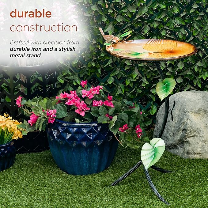 Alpine Corporation 32" H Outdoor Metal Birdbath w/Stylish Stand, Hummingbird Birdbath Bowl and Stand Set, Yellow/Gray