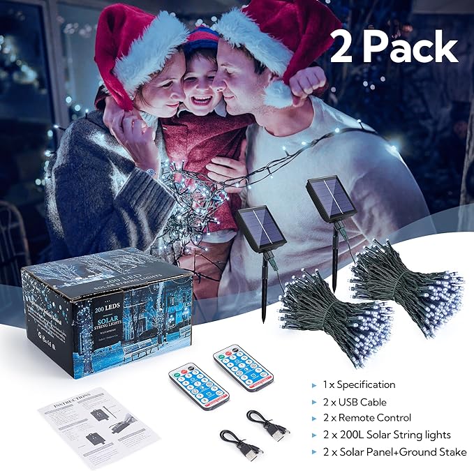 woohaha 2 Pack Solar String Lights,Total 144ft 400 LED Solar White Christmas Lights Outdoor with Remote and Timer, 8 Modes Solar Tree Light Waterproof Solar Fairy Light for Garden,Yard,Patio,Party