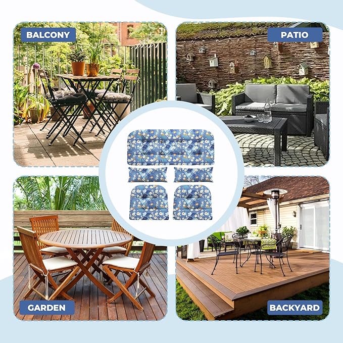Wicker Chair Cushions of 5 Pieces, Waterproof Outdoor Loveseat Cushion for Wicker Furniture, 1 Love Seat Cushion, 2 U-Shape and 2 Lumbar Pillows for Patio Furniture (Blue Flower)