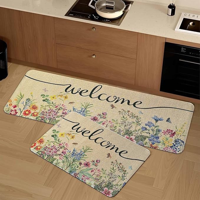 Spring Floral Decor Welcome Door Mat 2 Piece, Hello Summer Flower Home Decoration Non-Slip Indoor Outdoor Front Doormats Rug 17"x47"+17"x30"