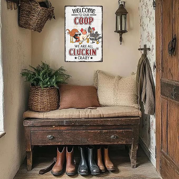 Welcome To Our Coop Funny Chicken Sign-Funny Metal Chicken Tin Sign for Home Farm Chicken Coop Farmhouse Kicthen Garden Decor 8 X 12 Inch