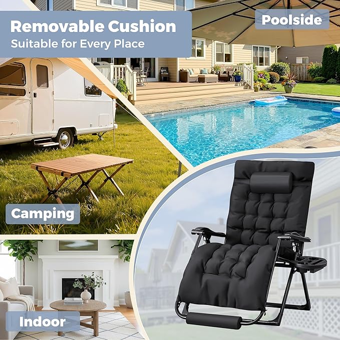 Homall Oversized Zero Gravity Chair, 32In Recliner Lounge Chair with Removable Soft Cushion and Cup Holder, Adjustable Anti Gravity Chair Folding Patio Chairs Padded for Indoor and Outdoor (Black)