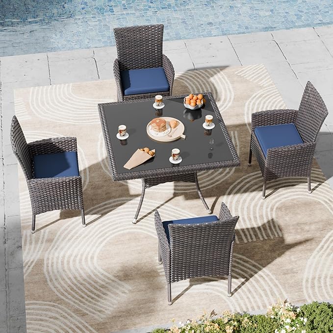 Kullavik 5-Piece Outdoor Dining Set Patio Rattan Furniture Set,Patio Dining Table and Chairs Set with 4 Chairs and Cushions,Square Glass Tabletop with Umbrella Hole for Patio,Navy Blue