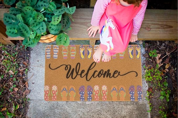 Summer-Door-Mat Outdoor-Entrance Cute Slippers Welcome-Doormat Non Slip Coir Front Door Mat for Summer Home Decor 17 x 29 Inch