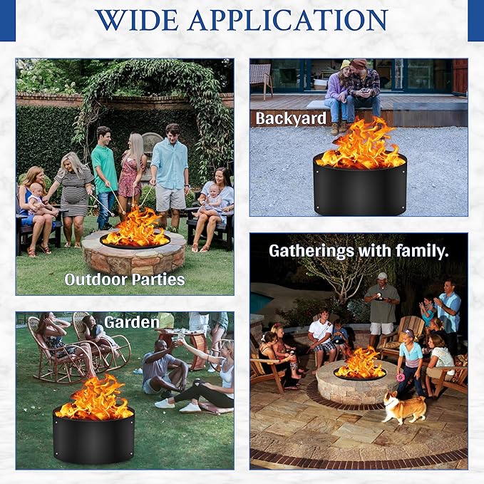 FEBTECH Fire Ring for Outside Fire Pit - 38" Dia & 12" H No Bottm Deep Fire Ring Insert - Powder Coated 2mm Carbon Steel Liner for Above or In Ground Fire Pit & Outdoor Garden or Camping